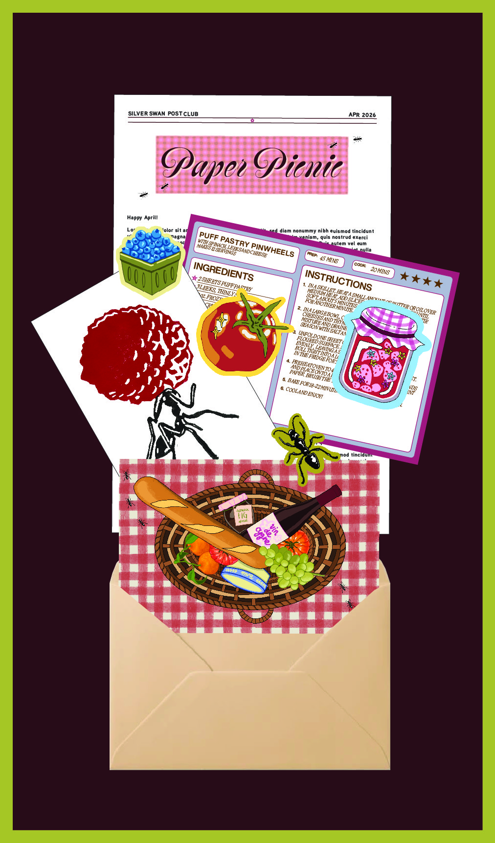 a collage of images on a light blue background showing the monthly snail mail club contents coming out of an envelope