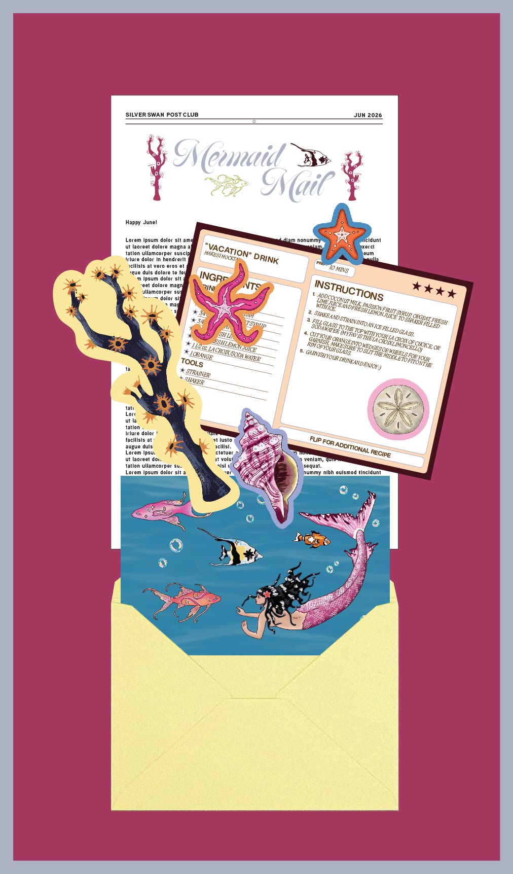 a collage of images on a light blue background showing the monthly snail mail club contents coming out of an envelope