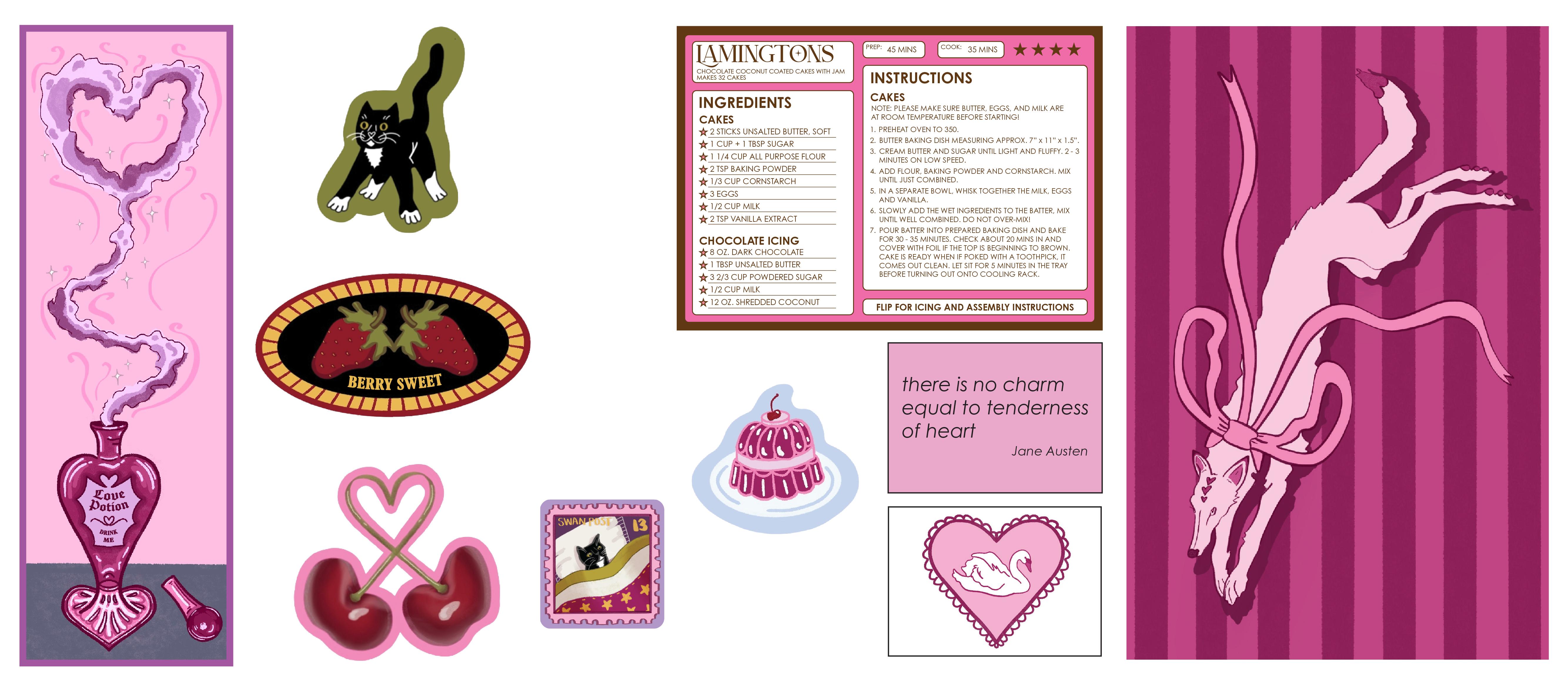 a collage of images, from right to left: a bookmark showing a love potion with purple smoke coming out of the bottle forming a heart, a sticker of a tuxedo cat looking scared on a green background, a sticker of two strawberries on a black background that says berry sweet, a sticker of two cherries with the stems crossing together to form a heart, a sticker of a stamp that has a tuxedo cat tucked into a cozy bed that says swan post, a sticker of a pink jelly cake on a blue background, and a recipe card for lamingtons, a small journaling scrap with a jane austen quote that says there is no charm equal to tenderness of heart, a small journaling scrap featuring a swan within a heart in the center, and a postcard showing a laying white dog with a large pink bow around its neck on a background of stripes in lighter pink and darker pink